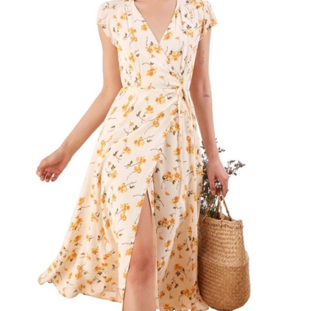 Reformation Floral Wrap Dress with Orange Flowers